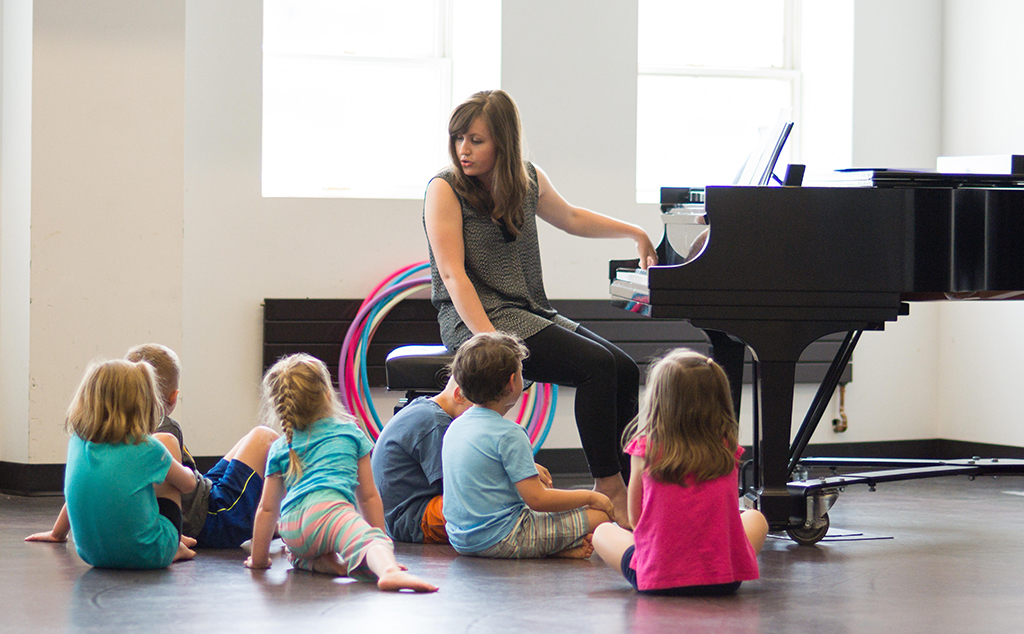 Photo of a Dalcroze class, with the teacher at a piano and children sitting on the floor around her