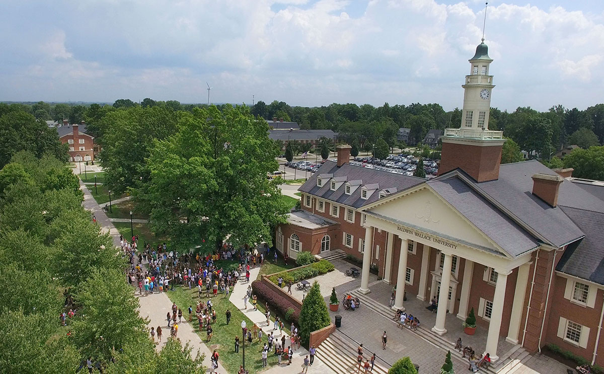 Aerial view of students outside Strosacker Hall union